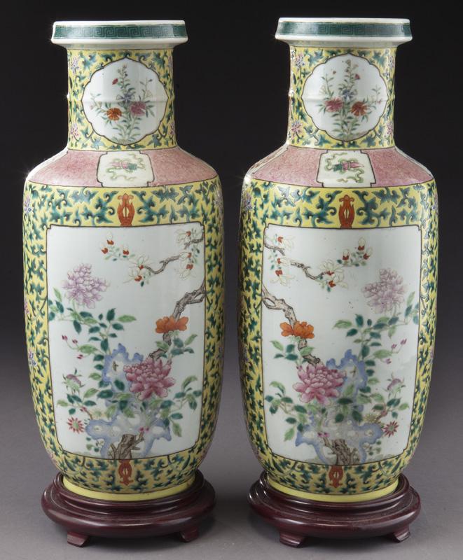 Pr. Chinese Qing famille rose porcelain vases,: Pr. Chinese Qing famille rose porcelain vases, depicting scrolling lotus, peony, and magnolia blossoms and Eight Buddhist symbols. Without stand: 17.5"H, Circa - Late 19th C.