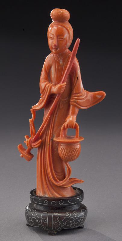 Chinese Qing carved coral figure,: Chinese Qing carved coral figure, depicting a lady holding a basket in her left hand and a hoe in her right hand. Without stand: 4.5"H,