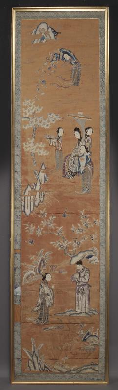 Chinese Qing Suzhuou school embroidery panel,: Chinese Qing Suzhuou school embroidery panel, depicting immortals celebrating the birthday of Xi Wang Mu. Site: 86"H x 21"W; Frame: 87.75"H x 22.75"W, Circa - 18th C.