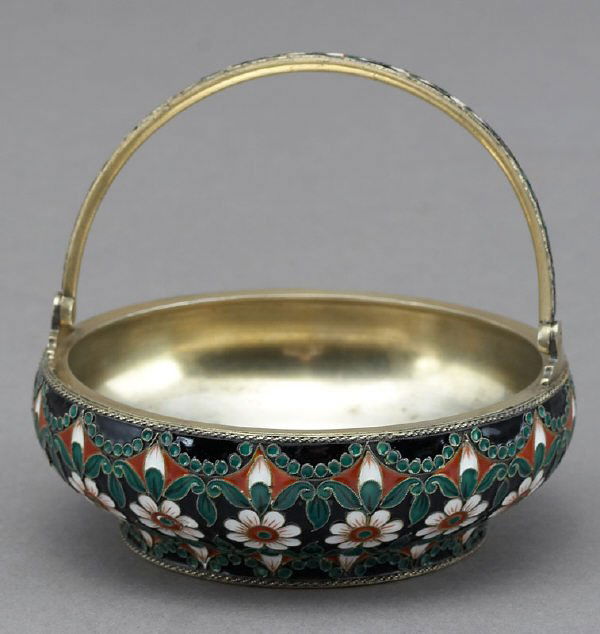 Russian gold-washed silver and enamel sugar bowl: having a squat ovoid form, swing handle and decorated with a cloisonne enameled, traditional floral design. Marked for St. Petersburg, 88 zolotniks, with indistinct maker's mark. 6.1 toy ozs. 1.5"H x