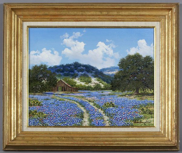 William A. Slaughter oil painting on canvas,: depicting bluebonnets in a landscape. Canvas: 16"H x 20"W; Frame: 23.5"H x 27.5"W. Signed lower right, "W.A. Slaughter." William A. Slaughter (American, 1923-2003). Circa - Second half 20th C.