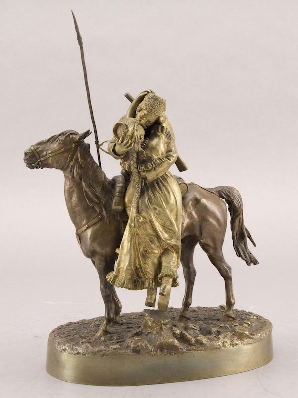 Russian Grachev bronze, "Farewell Kiss",: depicting an equestrian group of a Cossack kissing his sweetheart on top of a naturalistic base, having a brown and gold patina. Signed on the base in Cyrillic, "L.E.P. Grachev" and foundry mark, "FAB