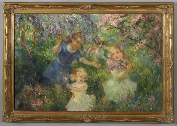 Frederic John Lloyd Strevens oil on canvas,: depicting children playing among flowers. Inscribed on verso, "Fun and Frolic John Strevens". Signed lower left, "John Strevens". Canvas: 24"H x 36"W; Frame: 29"H x 41"W. Frederic John Lloyd Strevens