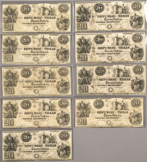 (9) $20 A-6 Republic of Texas banknotes,