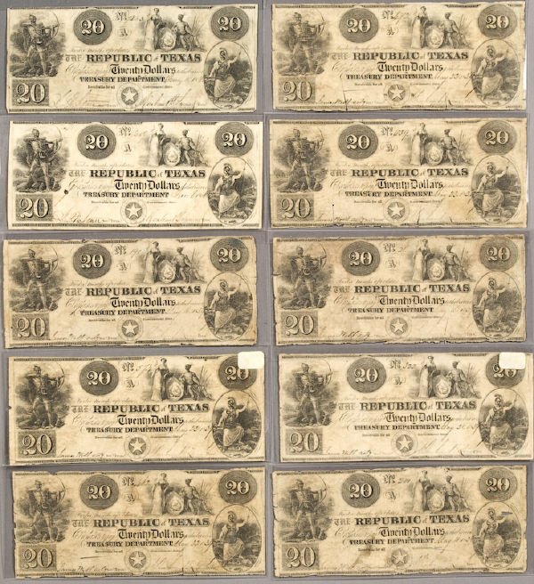 (10) $20 A-6 Republic of Texas banknotes,