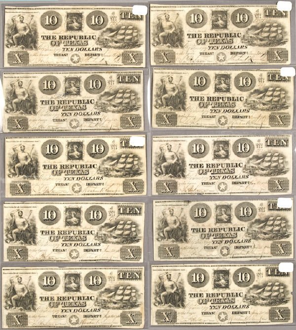 (10) $10 A-5 Republic of Texas banknotes,