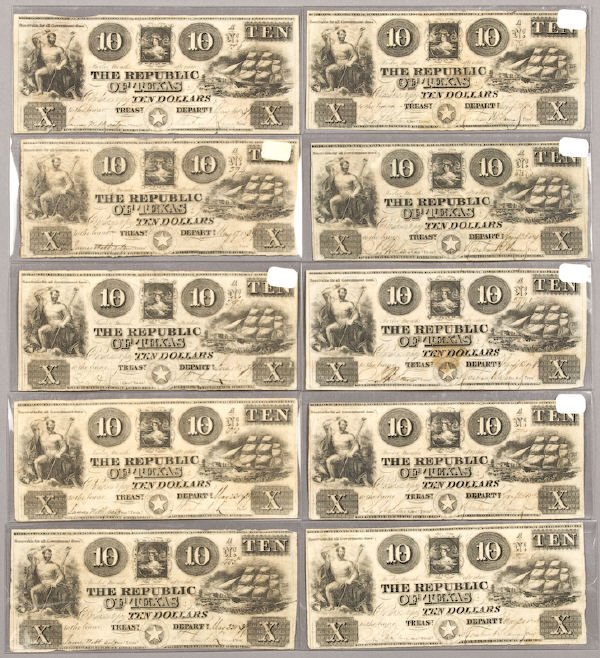 (10) $10 A-5 Republic of Texas banknotes,