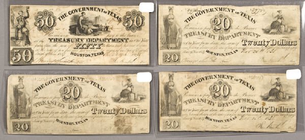 (4) Republic of Texas banknotes including (1) $50