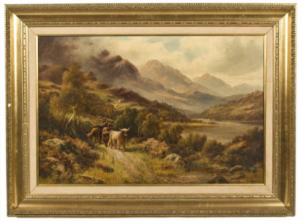 William Langley oil painting on canvas,: depicting cattle in a highland landscape. Canvas: 23"H x 30"W; Frame: 27.75"H x 37.75"W. Signed lower right, "William Langley". William Langley (British, 1852 - 1922). Circa - Second half 19th C.