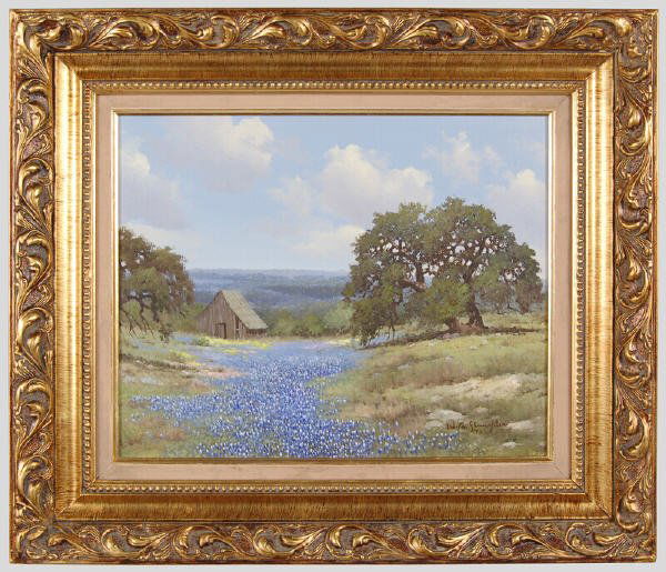 William A. Slaughter oil painting on canvas,: depicting an old barn in a bluebonnet landscape. Canvas: 16"H x 20"W; Frame: 24.5"H x 28.5"W. Signed and dated lower right, "W.A. Slaughter 73". William A. Slaughter (American, 1923-2003) was a Texas