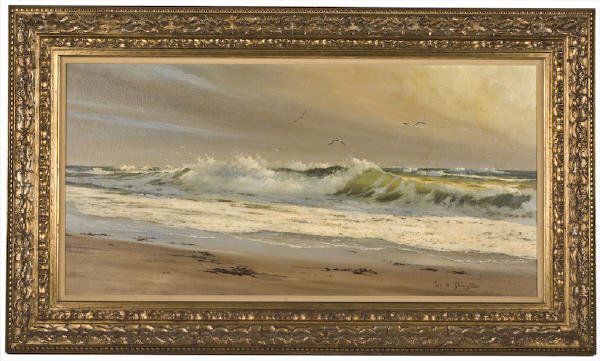 William A. Slaughter oil painting on canvas,: depicting a seascape. Canvas: 19"H x 36"W; Frame: 26"H x 44"W. Signed lower right, "W. A. Slaughter". William A. Slaughter (American, 1923-2003) was a Texas artist known for Texas landscape paintings.