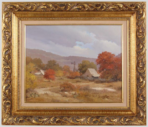William A. Slaughter oil painting on canvas,: depicting an autumn landscape. Canvas: 16"H x 20"W; Frame: 24.5"H x 28.5"W. Signed and dated lower right, "W.A. Slaughter 73". William A. Slaughter (American, 1923-2003) was a Texas artist known for T