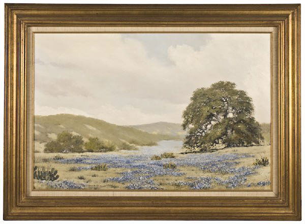 William A. Slaughter oil painting on canvas,: depicting Texas hill country with bluebonnets. Canvas: 24"H x 36"W; Frame: 32.5"H x 44.5"W. Signed lower left, "W. A. Slaughter". William A. Slaughter (American, 1923-2003) was a Texas artist known fo