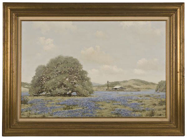 William A. Slaughter oil painting on canvas,: depicting a Texas landscape with bluebonnets. Canvas: 24"H x 36"W; Frame: 32.5"H x 44.5"W. Signed lower right, "W. A. Slaughter". William A. Slaughter (American, 1923-2003) was a Texas artist known fo
