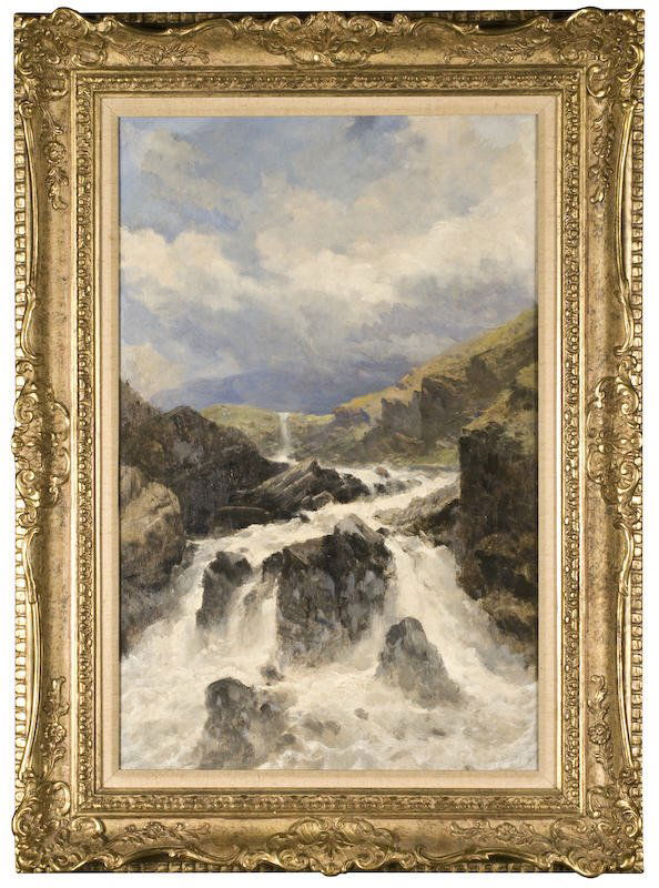 James Burrell Smith oil painting on canvas,: depicting an alpine landscape. Canvas: 20.25"H x 13"W; Frame: 25.5"H x 18.75"W. Signed and dated lower left, "J. B. Smith 77". James Burrell Smith (British, 1822-1897).