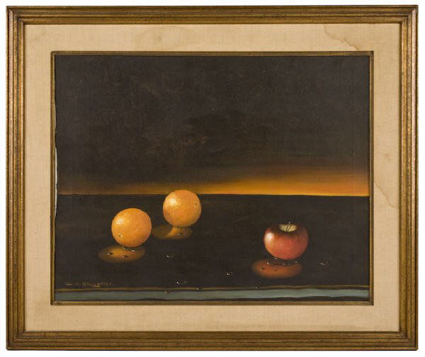 William A. Slaughter oil painting on canvas,: depicting a still life. Canvas: 22"H x 28"W; Frame: 30.25"H x 36"W. Signed lower left, "W. A. Slaughter". William Slaughter (American, 1923-2003) was a Texas artist known for Texas landscape paintings