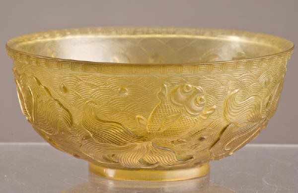 Chinese Qing Amber glass bowl with fish design: Qianlong mark and of the period. 2.25" H x 5" Dia Circa - 1736-1795