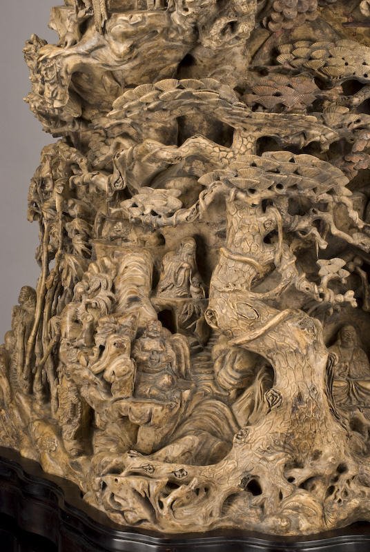 Chinese carved burl wood mountain - 4