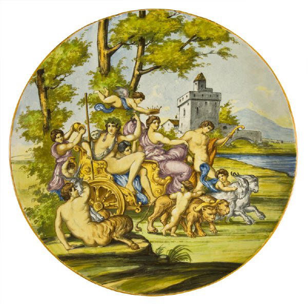 Large Italian Castelli maiolica / majolica plaque: painted to depict, "The Triumph of Bacchus and Ariadne" after Annibale Carracci, having an ochre-edged rim. 24.5" Dia., Circa - Second half 19th C.