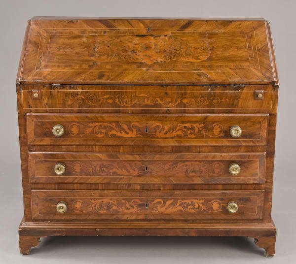 Italian 18th C. slant front inlaid walnut bureau