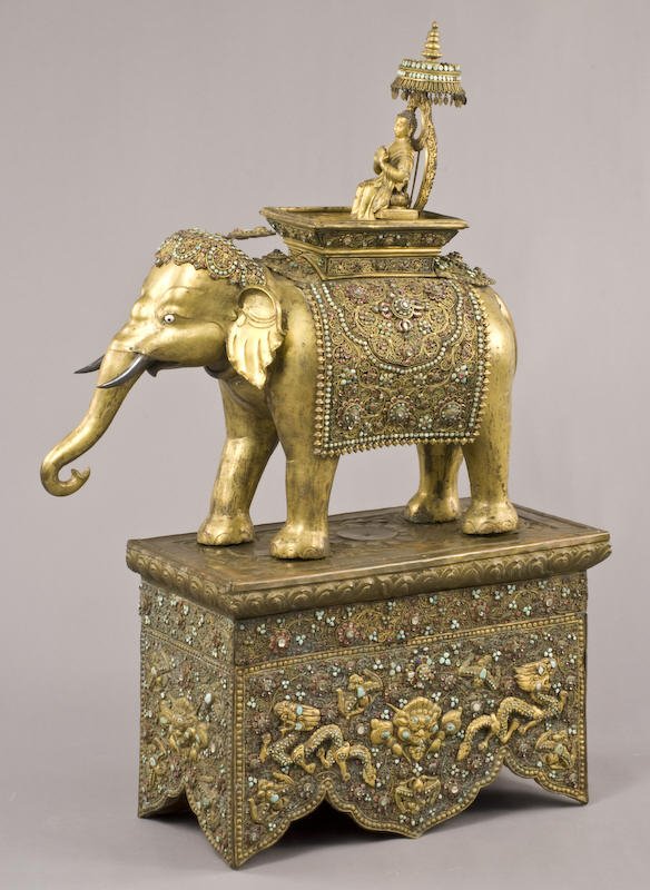 Indian gilt brass hard stone inlaid elephant