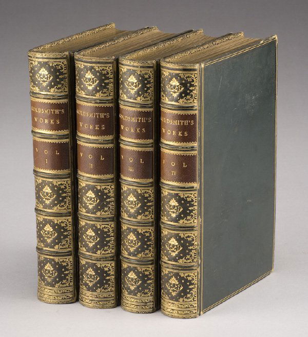 4 Vols. "The Works of Oliver Goldsmith": by Oliver Goldsmith, edited by Peter Cunningham and published by John Murray, London. Bound in antique full calf with marble boards, gilt edges and decorated with elaborate gilt tooling between raised