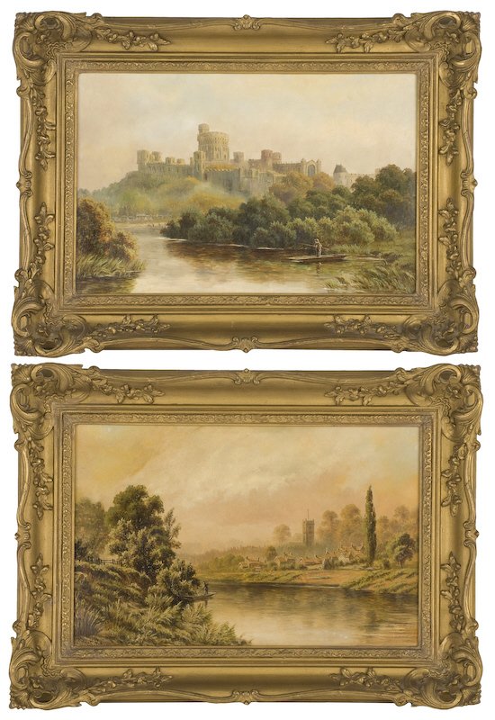 Pr. Robert Mann oil paintings,: depicting an English river landscape. Including: (1) Board: 11.5"H x 18"W; Frame: 16.5"H x 23"W. Signed lower left, "Robert Mann"; (1) Canvas: 11.5"H x 17.5"W; Frame: 16.5"H x 22.5"W. Unsigned. Robert