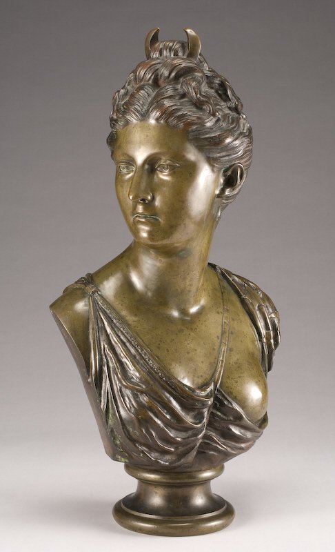 French bronze after Jean Houdon bust sculpture,: modeled to depict Diana, having a dark patina. Inscribed, "Gaddix". 27.5"H x 14"W, Circa - 19th C.