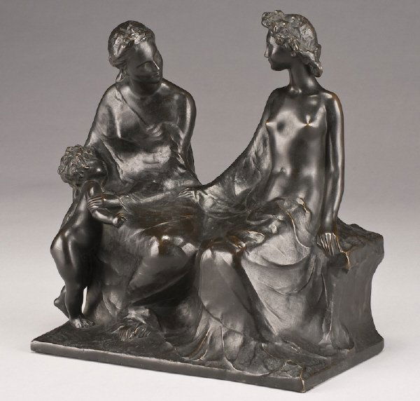 Victor Rousseau bronze sculpture,: modeled to depict two maidens seated with an infant having a dark patina. Inscribed on base, "Victor Rousseau". Foundry mark, "Founderie Nationale des Bronzes, J. Petermann, St. Gilles, Bruxelles". 11