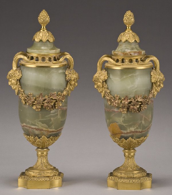 Pr. ormolu mounted onyx potpourri: having a pierced neck flanked below by satyr masks joined by leafy swags. 12.5"H x 5"W, Circa - Second half 19th C.