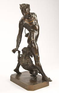 George de Chemellier bronze sculpture,: Get Up, modeled to depict a circus trainer with a performing poodle, having a dark patina on a bronze base. Inscribed on base, "G. De Chemellier 1883". George de Chemellier (French, 1835-1907). On bas