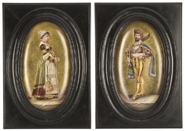 Pr. Limoges enamel on copper plaques: of concave oval form, depicting a woman and man in stylized regional costume, in ebonized wood frames. Signed, "M. Va. B.". Frame: 19"H x 13"W; Plaque: 13.5"H x 7.5"W. Circa - 19th C.