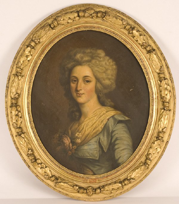 English school oil painting on cradled panel,: depicting a portrait of a lady. Panel: 18.5"H x 15"W; Frame: 24"H x 20.5"W. Unsigned. Circa - Early 19th C.