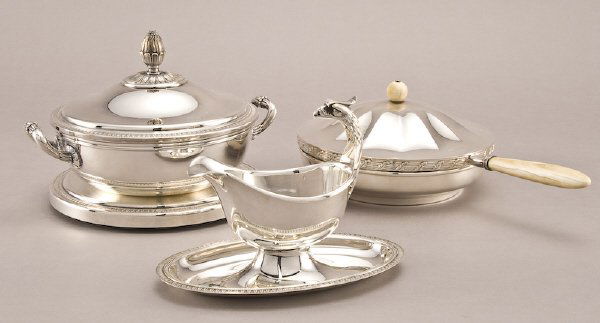 3 Pcs. Christofle and Tiffany silver plate serving: pieces, including: (1) round, covered server with bud finial on plateau, marked, "Christofle, France", 11" Dia.; (1) gravy boat with attached underplate and handle depicting fowl, marked, "Christofle,