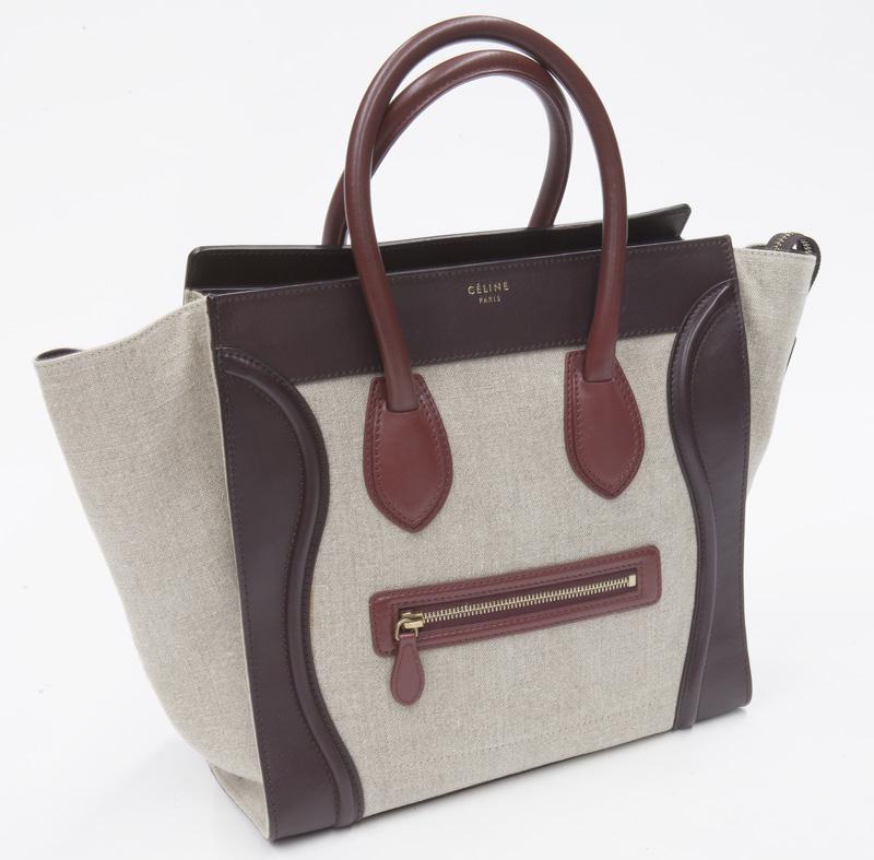 Celine Luggage Handbag: Celine Luggage Handbag in beige/dark brown/burgundy canvas/smooth leather with burgundy leather handles and gold hardware, marked: S-AT-1122 S-MM-1122. Includes: dust bag. 12 x 11.5 x 3.5".