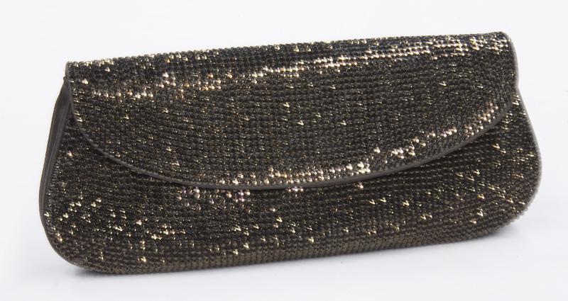 Judith Leiber Clutch,: Judith Leiber Clutch, with brown crystals and gold tone strap. Interior lined in brown satin and marked, "Judith Leiber / New York". Includes: brown satin coin purse, mirror, dust bag, and box, in new
