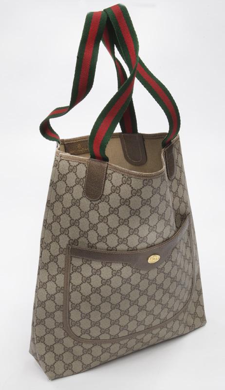 Gucci Accessory Collection Web Shopping Tote: Gucci Accessory Collection Web Shopping Tote shoulder bag in beige/brown supreme coated canvas with green/red canvas handles and gold hardware, marked: 39/02/003. 11.75 x 13.75 x 3.5".