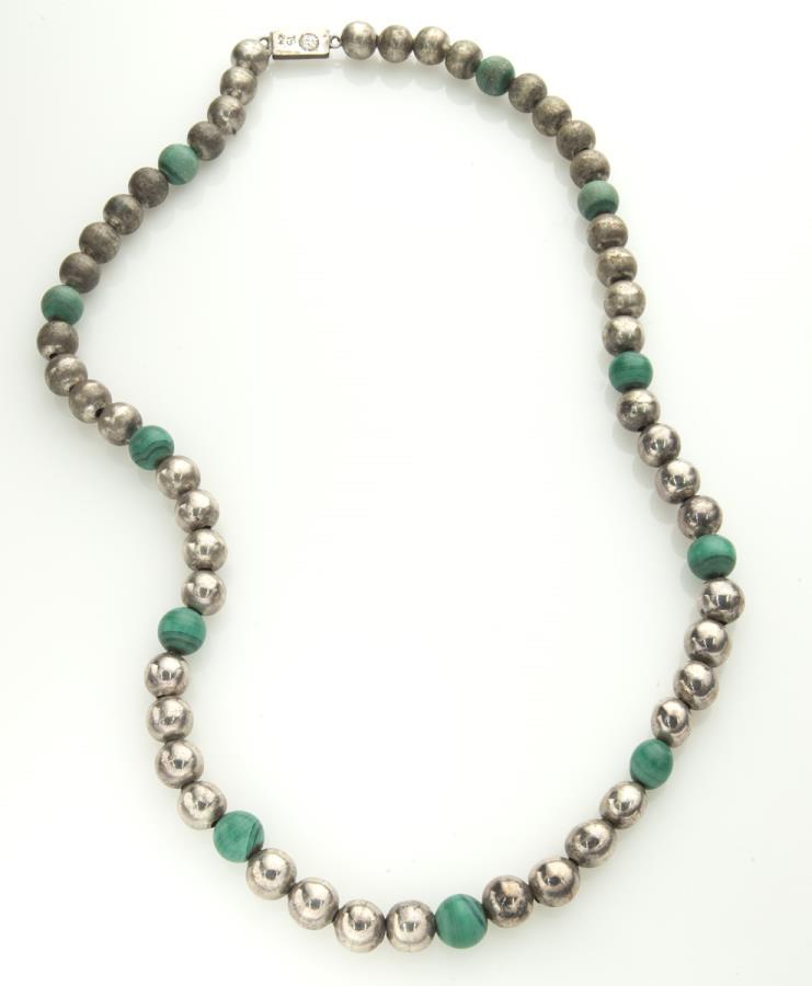 William Spratling Sterling & Malachite Bead: William Spratling Sterling & Malachite Bead necklace. Clasp stamped, "William Spratling 925". 85 grams. 23"L,