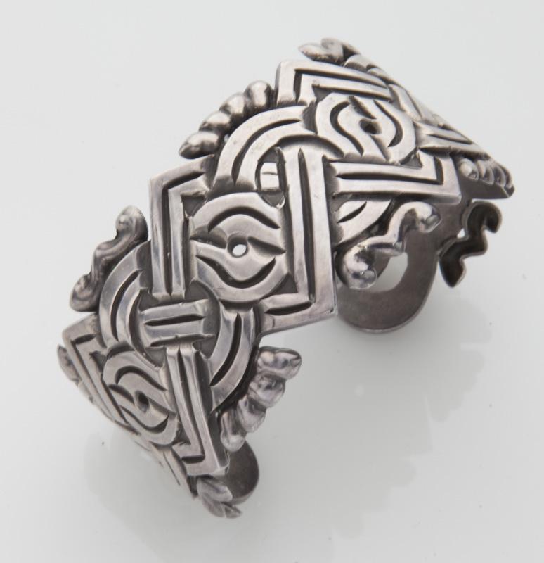 William Spratling Sterling Silver Cuff Bracelet,: William Spratling Sterling Silver Cuff Bracelet, with geometric motif. Stamped, "Spratling / Sterling Silver / Made in Mexico". PROVENANCE: From the Estate of Nancy O'Boyle, Dallas, Texas. 6.25"L,