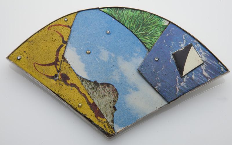 Tony Berlant "A Texas Fan" Brooch,: Tony Berlant "A Texas Fan" Brooch, mixed media on metal pin. Signed, titled, dedicated and signed to verso, "1979 / A Texas Fan / For Nancy / Berlant. Tony Berlant (American, b. 1941). PROVENANCE: Fro