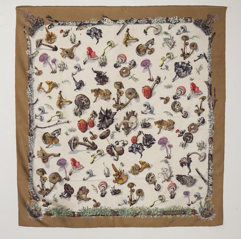 Hermes "Champignon" Silk Scarf,: Hermes "Champignon" Silk Scarf, on cream ground with brown border, designed by Francois De la Pierre. PROVENANCE: From the Estate of Nancy O'Boyle, Dallas, Texas. Circa - Designed 1959. Overall fair c