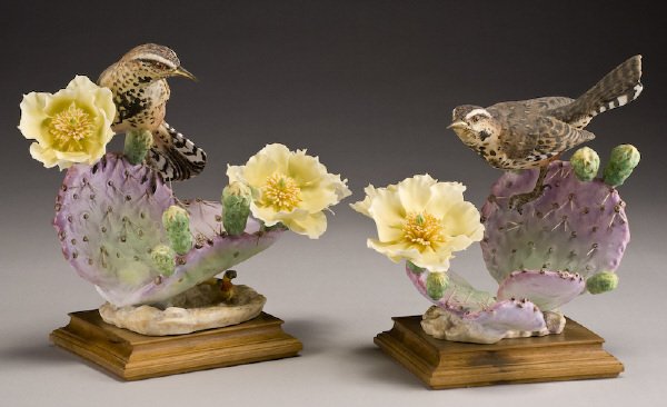 Pr. Dorothy Doughty porcelain birds, "Cactus Wrens: and Prickly Pear", stamped for Royal Worcester, marked, "Heleodytes Brunneicapillus Couesi", "16398" and "1928B", signed, "D. Doughty" on bases. Includes custom crates. Provenance: Estate of K.S. "Boo