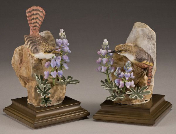 Pr. Dorothy Doughty porcelain birds, "Canyon Wren": with Wild Lupine, marked, "Catherpes Mexicanus", stamped for Royal Worcester, signed, "D. Doughty" on bases. Includes custom crates. Provenance: Estate of K.S. "Boots" Adams, Sr.; Former President and