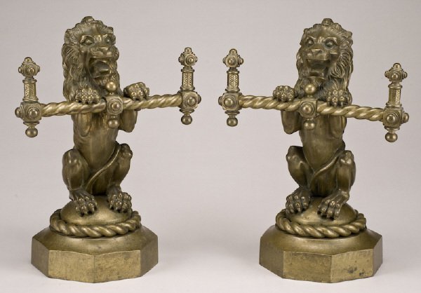 Pr. English patinated bronze andirons
