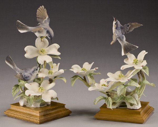 Pr. Dorothy Doughty porcelain birds, "Blue-grey: Gnatcatchers" with Dogwood, marked, "Polioptila Coeruleacoerulea" and "3667A" and "3664A", stamped for Royal Worcester, signed, "D. Doughty" on bases. Includes custom wood crates. Provenance: Estate o