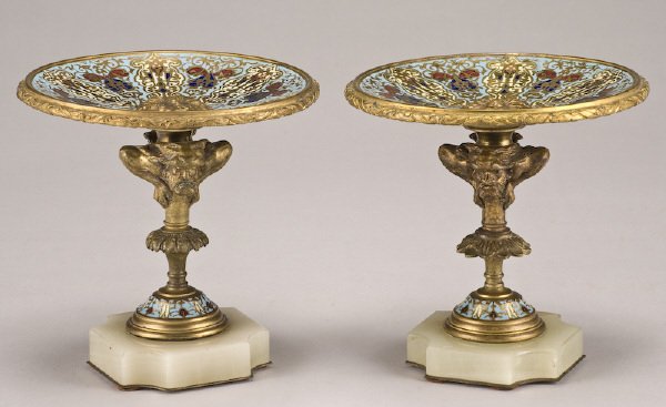 Pr. French champleve and gilt bronze tazzas: raised on a central shaft having a grotesque mask on an onyx base. 6.25"H x 6" Dia, Circa - Late 19th C.