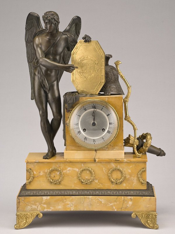 French bronze and marble figural clock of Cupid