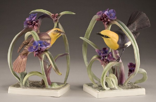 Pr. Dorothy Doughty porcelain birds, "Yellow: Headed Blackbirds" and Spiderwort, marked, "Xanthacephus, Xanthacephus" and one marked, "4914D", stamped for Royal Worcester, signed, "D. Doughty". Includes custom wood crates. Provenance: Estate of K