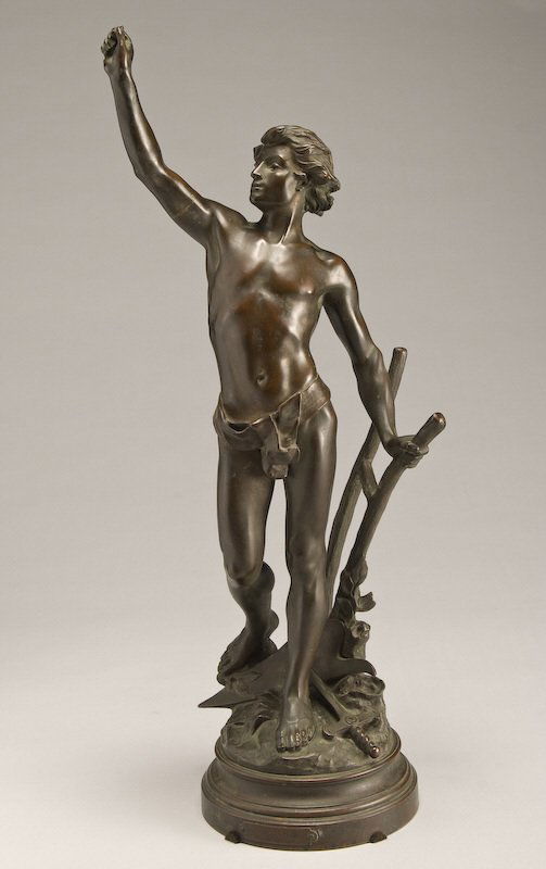 Edouard Drouot bronze figure, "Pax Labor": modeled as a young man standing on a mound with agricultural and war trophies on a cast base stamped, "Pax Labor", "par E. Drouot Salon des Beaux Arts", also signed, "E. Drouot" and bearing, "Vrai" fo
