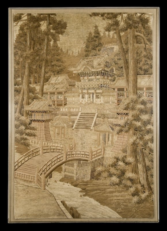 Large Japanese embroidery depicting a temple